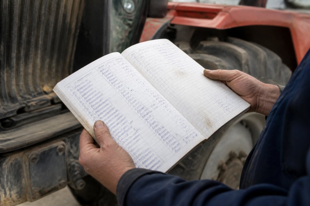 Close-up of a farmer's hands holding a maintenance logbook next to farm equipment, showing documentation and inspection notes with handwritten service records visible