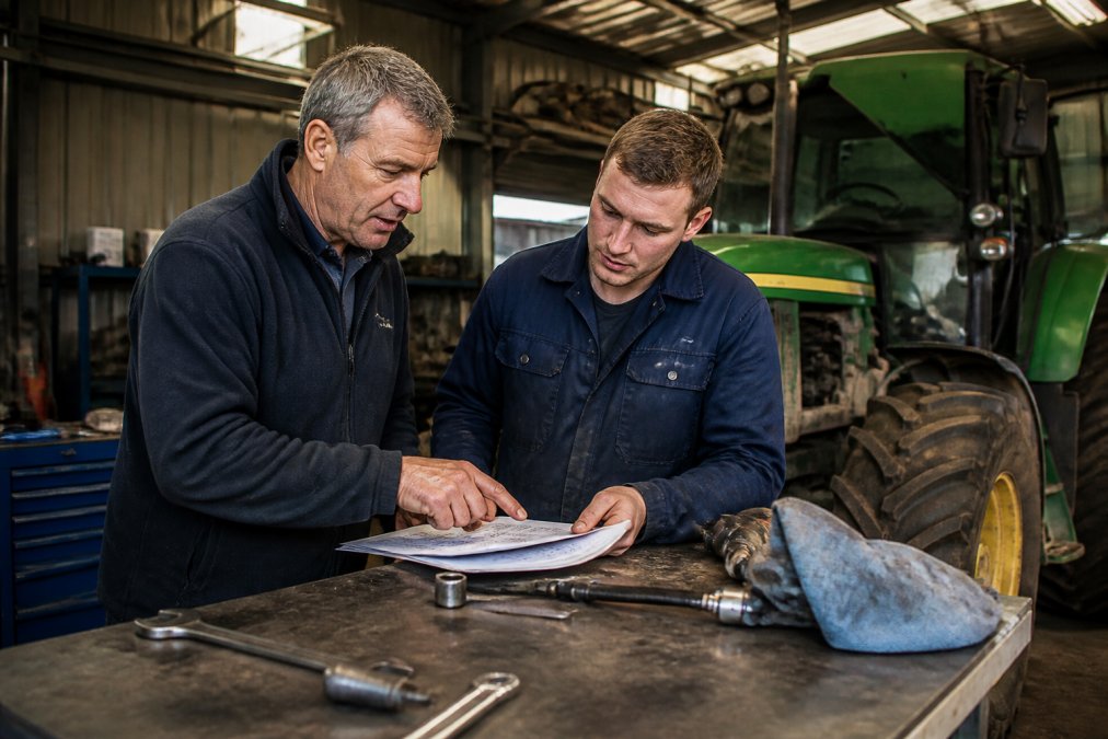 Professional farmer speaking with a qualified mechanic in a workshop, discussing tractor diagnostics with diagnostic equipment visible in the background, both reviewing service documentation