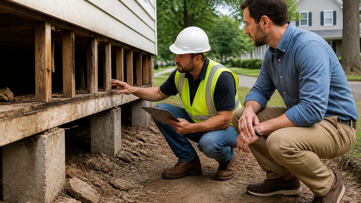 A structural engineer in a hard hat and safety vest inspecting a home's foundation and framing with a clipboard, homeowner standing nearby in a residential neighborhood