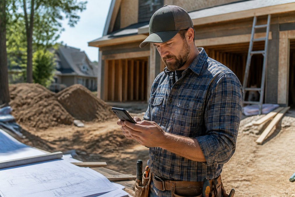 Contractor reviewing residential project schedule on mobile device while standing on jobsite with blueprints and tools visible, bright daylight