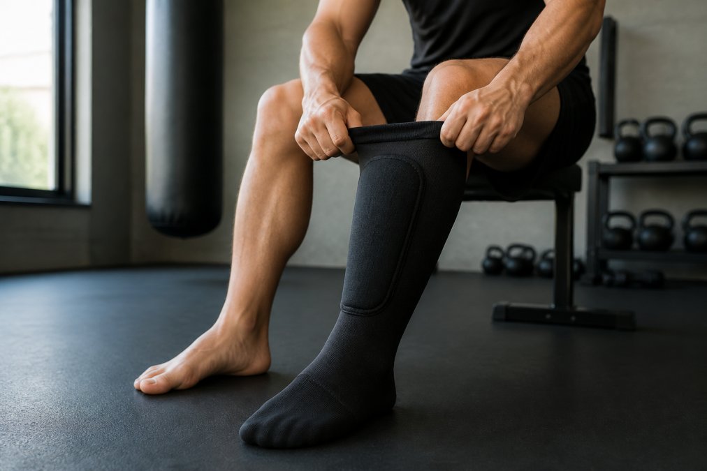 Atleet die een elastische scheenbeschermer sok aantrekt, waarbij de voet in het sokmodel gaat en de stof rond het scheenbeen sluit met natuurlijke verlichting in trainingsruimte