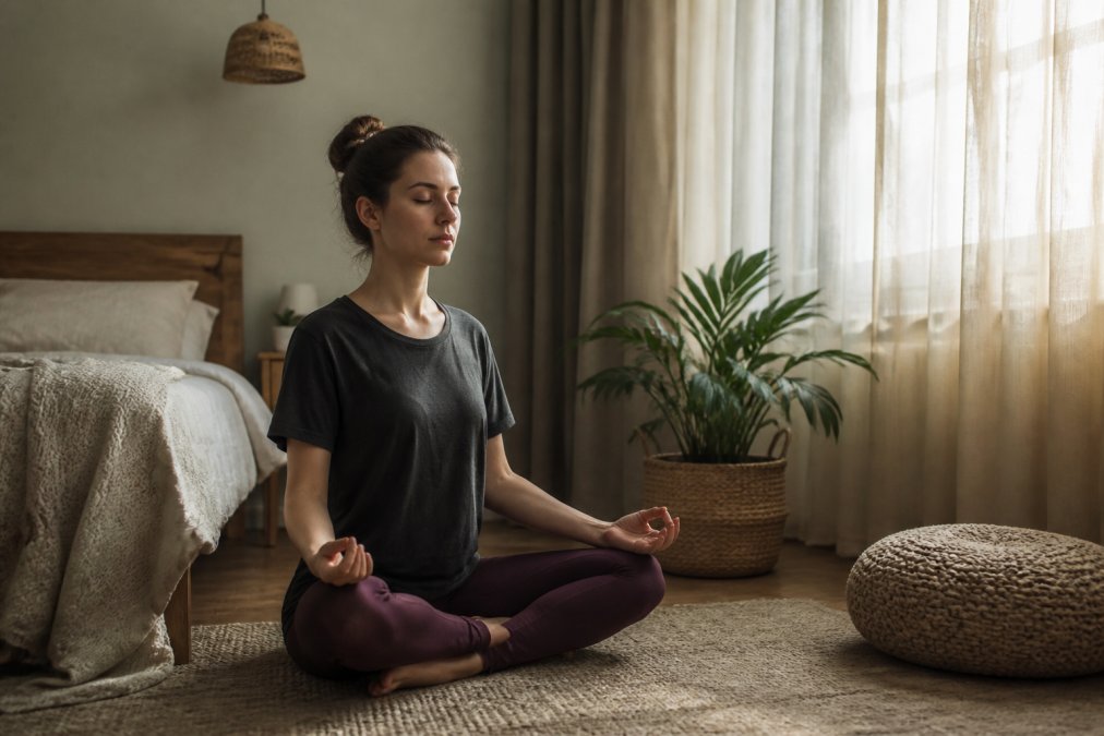Person sitzt in ruhiger, gedimmter Schlafzimmerumgebung in entspannter Meditationshaltung, natürliches Licht durch Vorhänge, beruhigende Atmosphäre