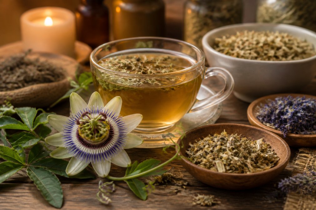 Nahaufnahme von natürlichen Heilpflanzen wie Passionsblume und Kräutern in Schalen, Tasse mit Kräutertee, warmes, beruhigendes Licht