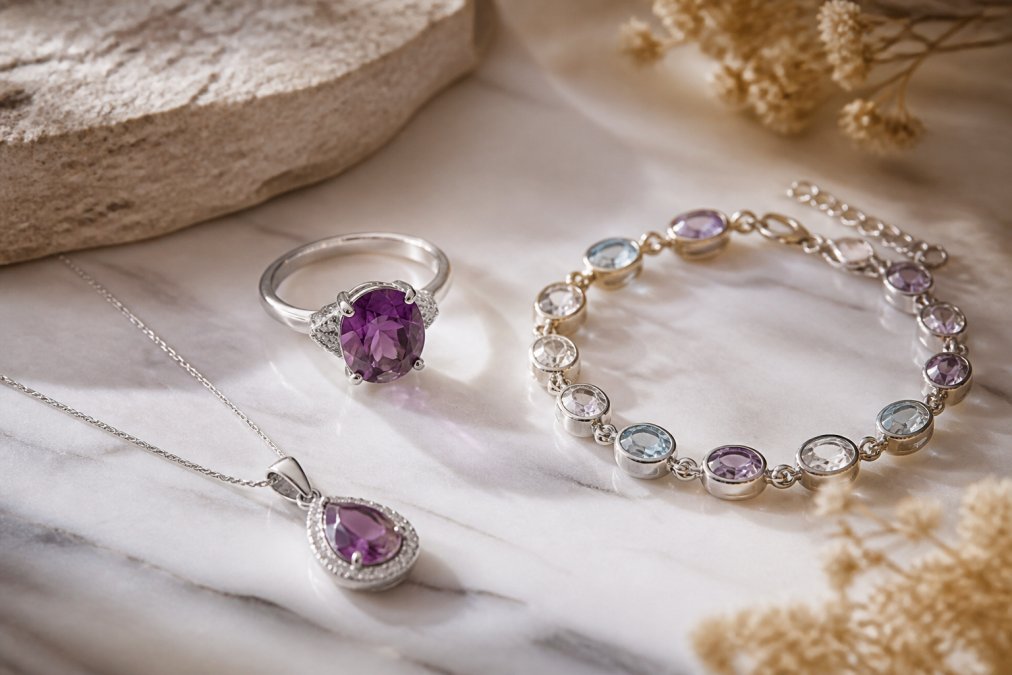 Nahaufnahme einer eleganten Schmuckarrangement auf hellem Marmor: ein silberner Ring mit tiefviolettem Amethyst, eine filigrane Edelstein-Anhänger-Kette und ein Armband, weich und warm beleuchtet