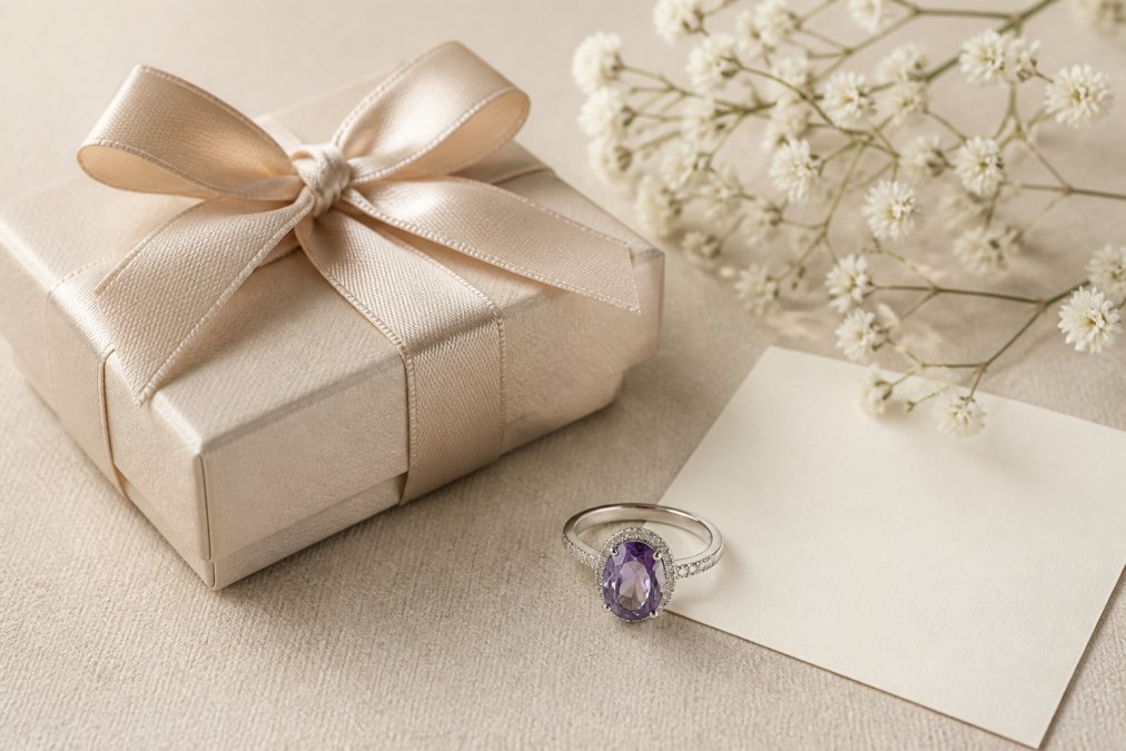 Eine sorgfältig verpackte Schmuck-Geschenkbox mit elegantem Band, daneben ein Edelsteinring und eine kleine Karte auf neutralem cremefarbenem Untergrund, weich beleuchtet
