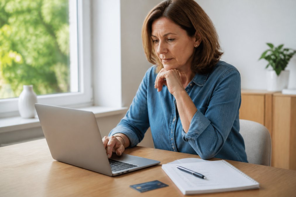 Eine Frau mittleren Alters sitzt an einem hellen Esstisch und prüft konzentriert die Website eines Online-Shops auf ihrem Laptop, daneben liegen eine Kreditkarte, ein Notizbuch mit Checkliste und eine Tasse Kaffee, Tageslicht fällt durch ein Fenster
