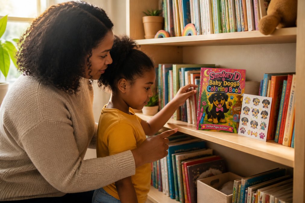 A cozy home bookshelf filled with diverse children's books, featuring colorful spines and a Smokey D Baby Dogga bookmark and sticker sheet displayed among other titles, with warm afternoon light streaming across the shelves and a parent and child browsing together at eye level
