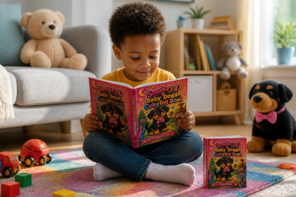A young child sitting cross-legged on a colorful rug in a bright, sunlit living room, reading a Smokey D Baby Dogga storybook with genuine absorption and a warm smile, surrounded by the Smokey D Baby Dogga coloring book and hardcover journal nearby on the rug, with stuffed animals and toys visible in soft focus