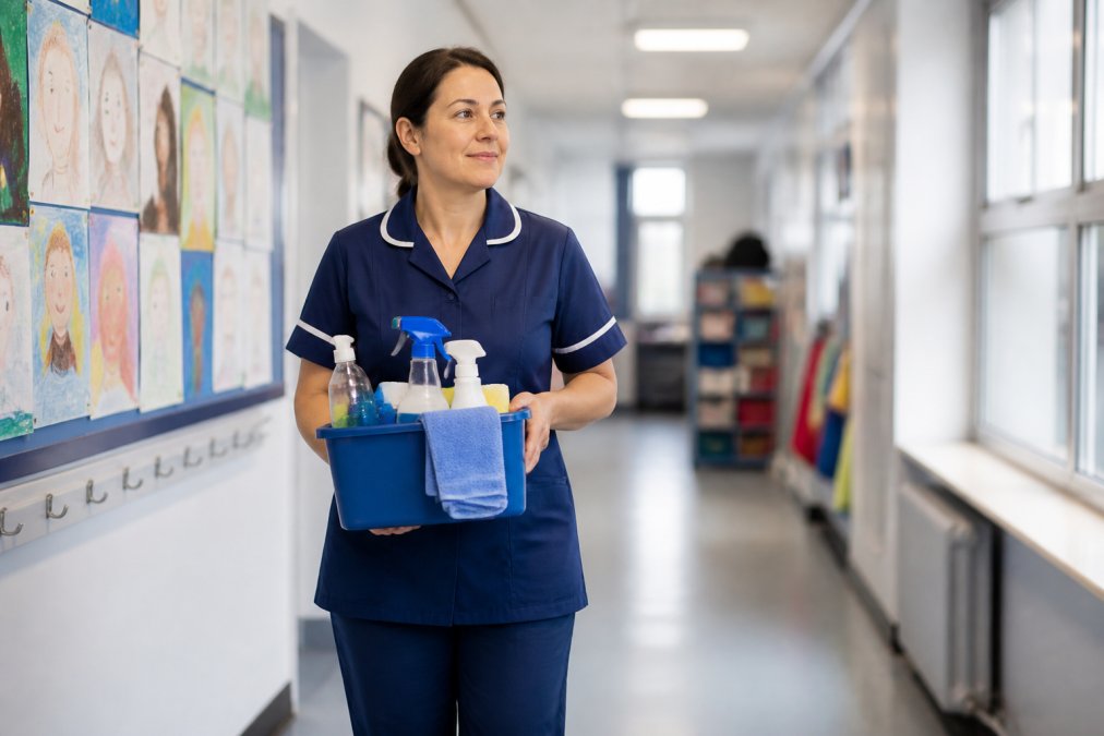 Professional cleaning staff member in uniform carrying cleaning supplies through a bright school corridor with children's artwork on the walls, morning natural light