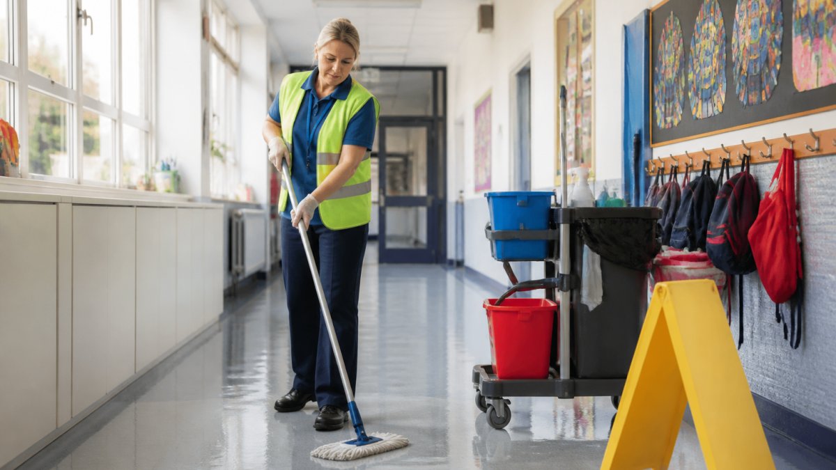 School cleaning staff member mopping a bright primary school corridor floor with a wet floor sign nearby