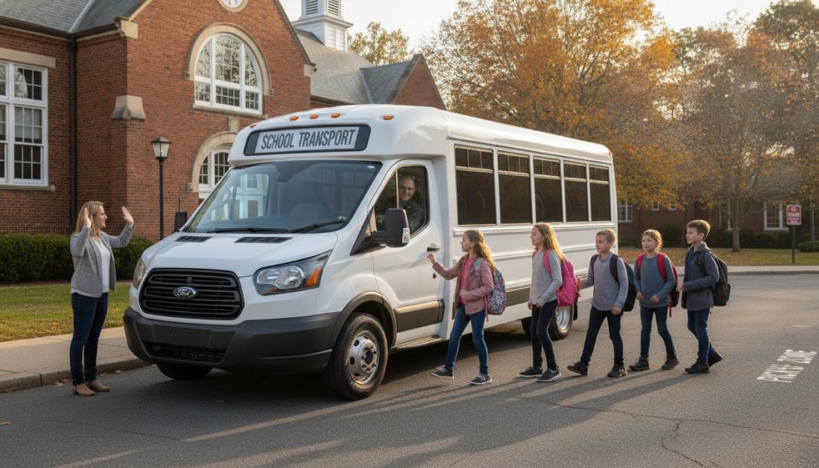 A modern school minibus parked outside a primary school building with students boarding in an orderly queue, showing a well-maintained, road-ready vehicle in daily use with clear safety markings