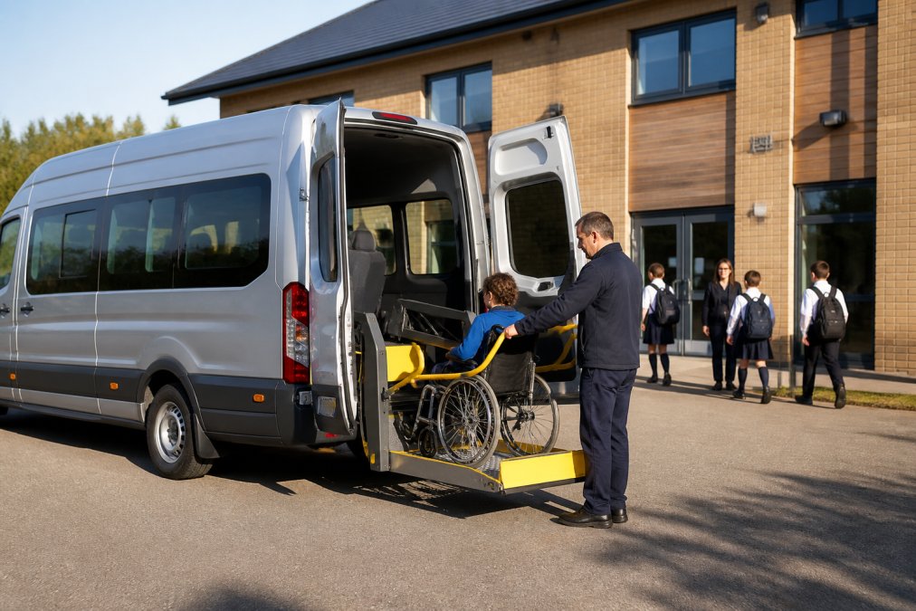 Modern minibus with wheelchair lift deployed, parked outside a school building with staff and students boarding in morning sunlight