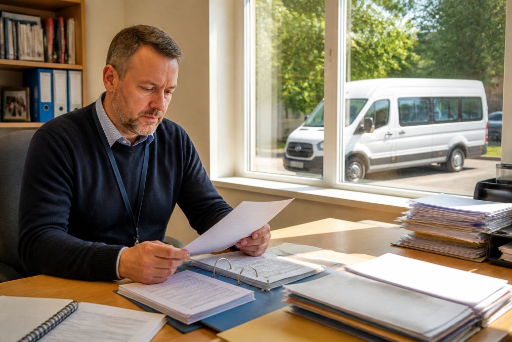 School transport manager reviewing D1 licence documentation and compliance records at desk, with minibus visible through office window in afternoon light