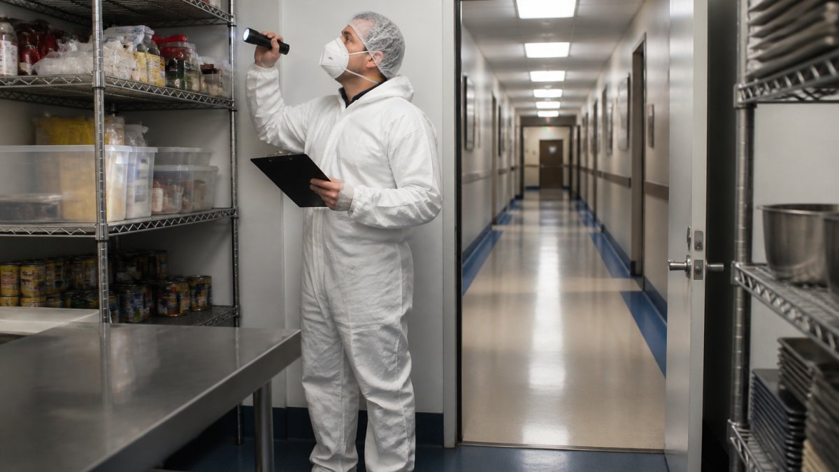 A pest control technician in clean protective workwear inspecting a school kitchen storeroom, with a clipboard and torch, empty corridors visible through the doorway