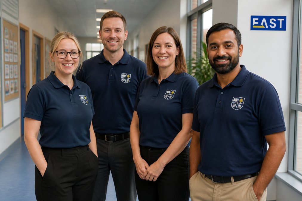 School staff wearing matching embroidered polo uniforms in a bright school corridor with a close-up of a crest.