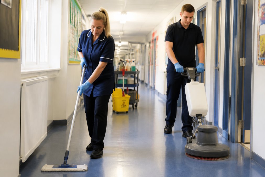 Professional cleaning staff in uniform using specialised equipment in a school corridor with classroom doors visible, natural morning light filtering through windows