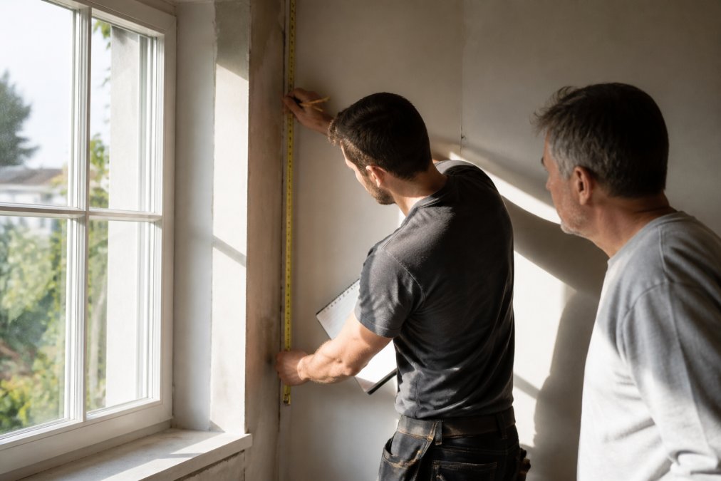 Vakman meet nauwkeurig een muur op met meetlint en notitieblok, zonlicht valt door het raam naar binnen, huiseigenaar staat erbij en observeert de metingen aandachtig