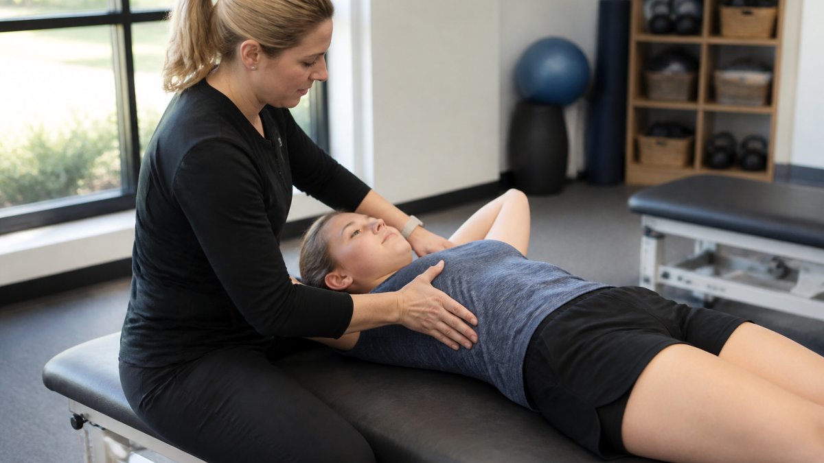 A physical therapist guiding a teenage patient through a Schroth breathing exercise on a treatment table in a bright clinic, hands placed on the patient's rib cage to cue expansion