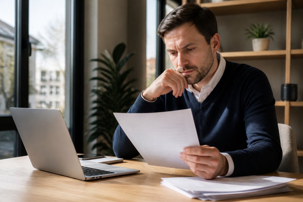 Professional expat reviewing financial documents and credit information on a laptop at a modern desk, with a focused expression suggesting financial planning and creditworthiness assessment