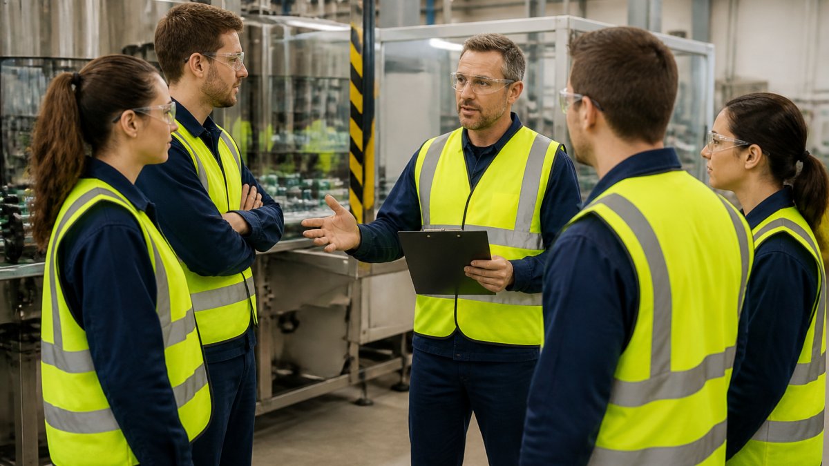 Produktionsmitarbeiter in Sicherheitswesten und Schutzbrillen stehen in einer kurzen Unterweisungsrunde an einer Maschine, ein Sicherheitsbeauftragter erklärt mit Klemmbrett in der Hand, laufende Anlagen im Hintergrund