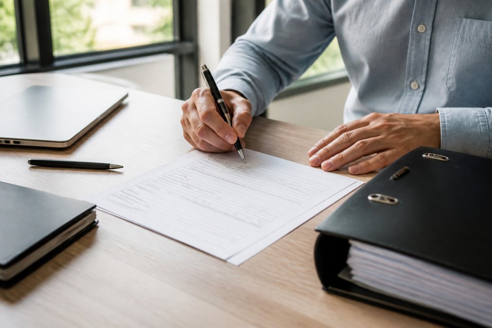 Close-up of a person signing a printed training record form at a desk, with a laptop and pen nearby in a bright modern office environment, natural daylight from a window visible in the background