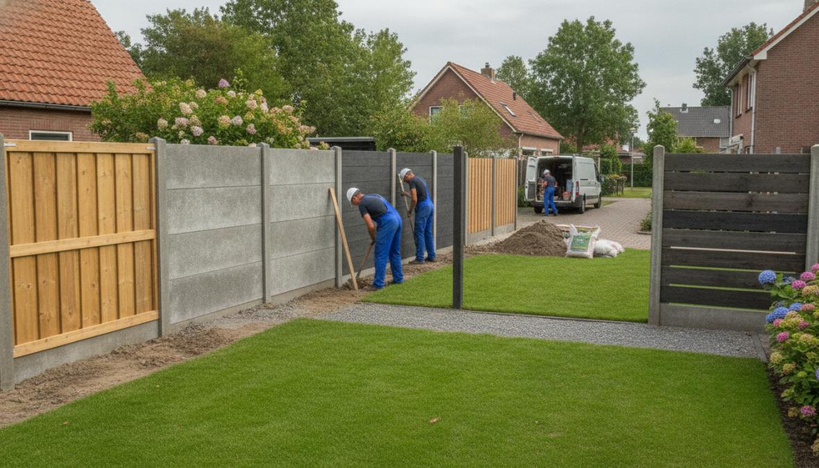 Close-up van een nette hout-beton schutting in een zonnige tuin bij het schutting kopen en laten plaatsen project.