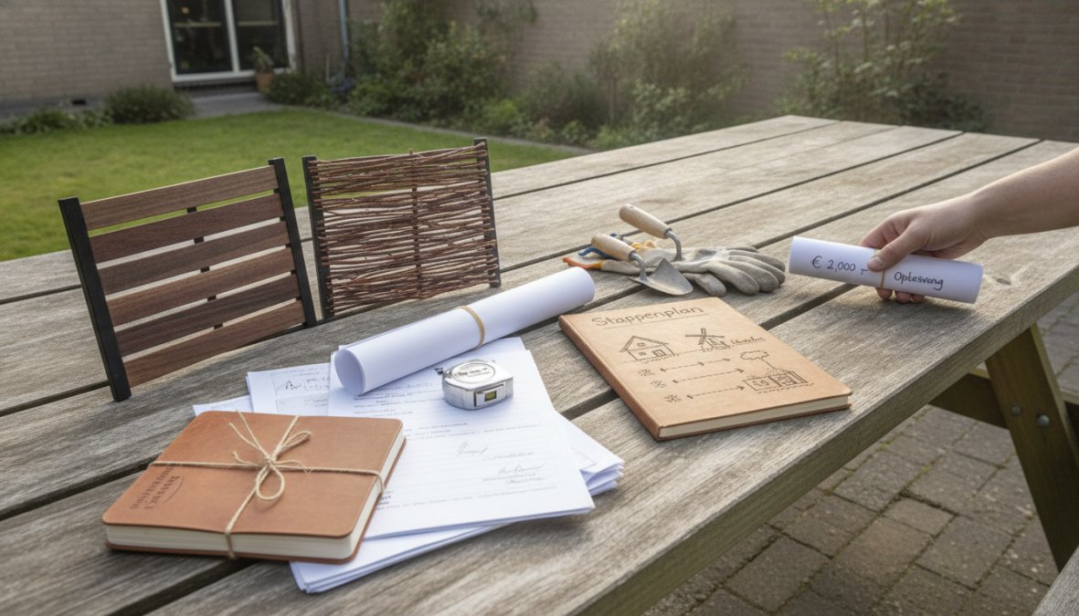 Twee vakmannen in oranje werkkleding die betonpalen plaatsen langs een erfgrens in een Nederlandse tuin, met een geel meetlint en gereedschap zichtbaar op het gras, op een heldere zomerdag