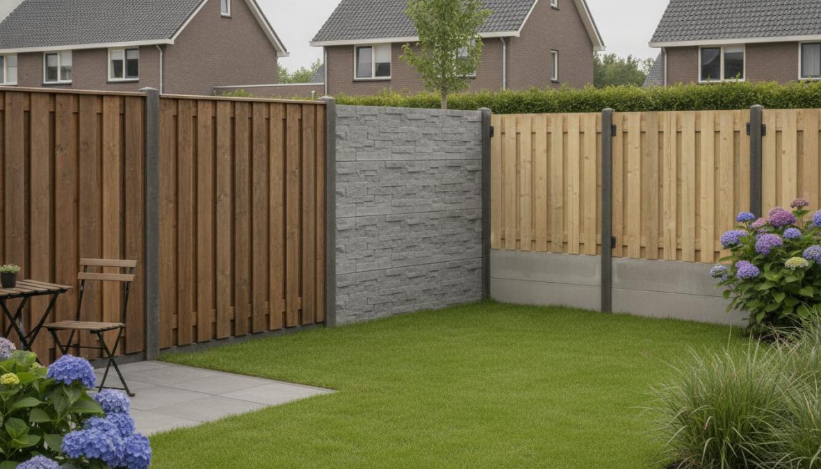 Close-up van drie verschillende schuttingmonsters naast elkaar in natuurlijk daglicht: betonnen panelen, houten latten en composiet hout-beton materiaal op een tuinachtergrond
