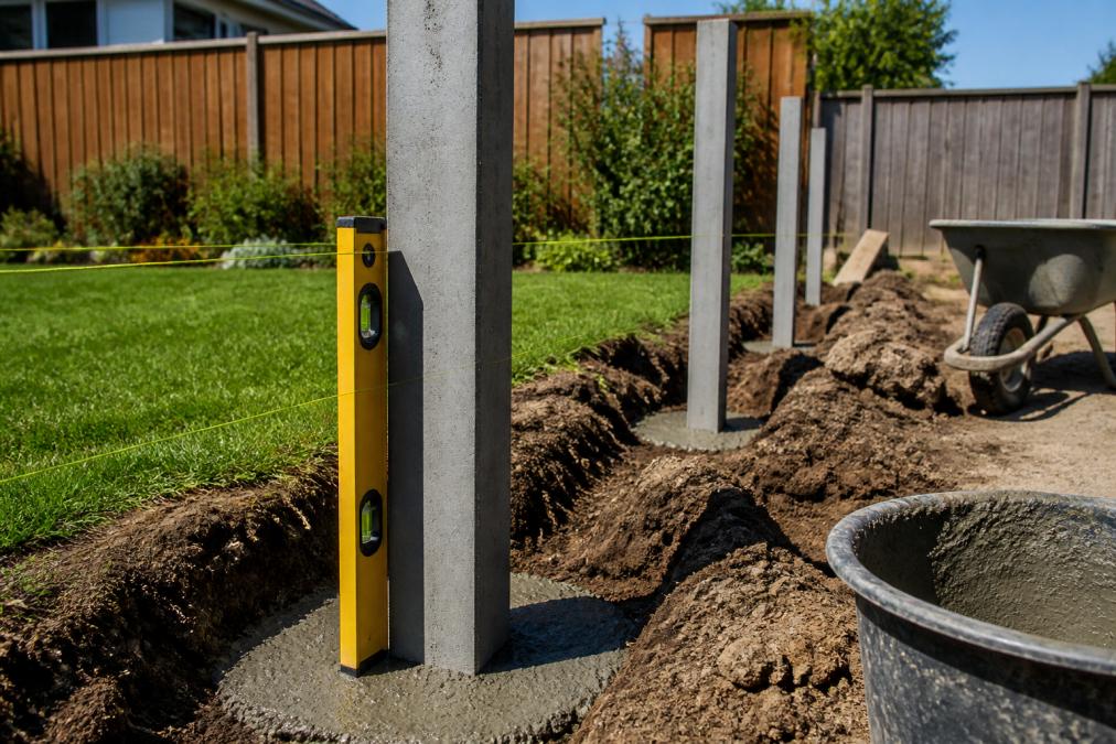 Tuinscène met betonpalen in de grond, snelbeton zichtbaar rond de basis, waterpas ernaast voor controle, zonnig weer