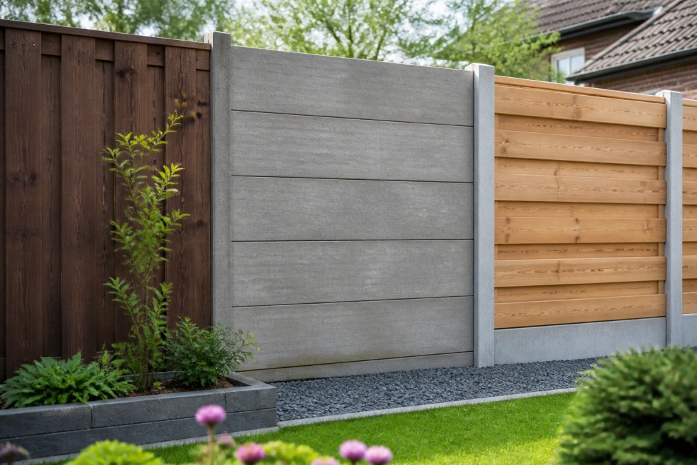 Drie verschillende schuttingsmaterialen naast elkaar in tuinomgeving: donkerbruine houten planken, grijze betonplaten en een combinatie van betonnen palen met houten invulling, onder natuurlijk daglicht