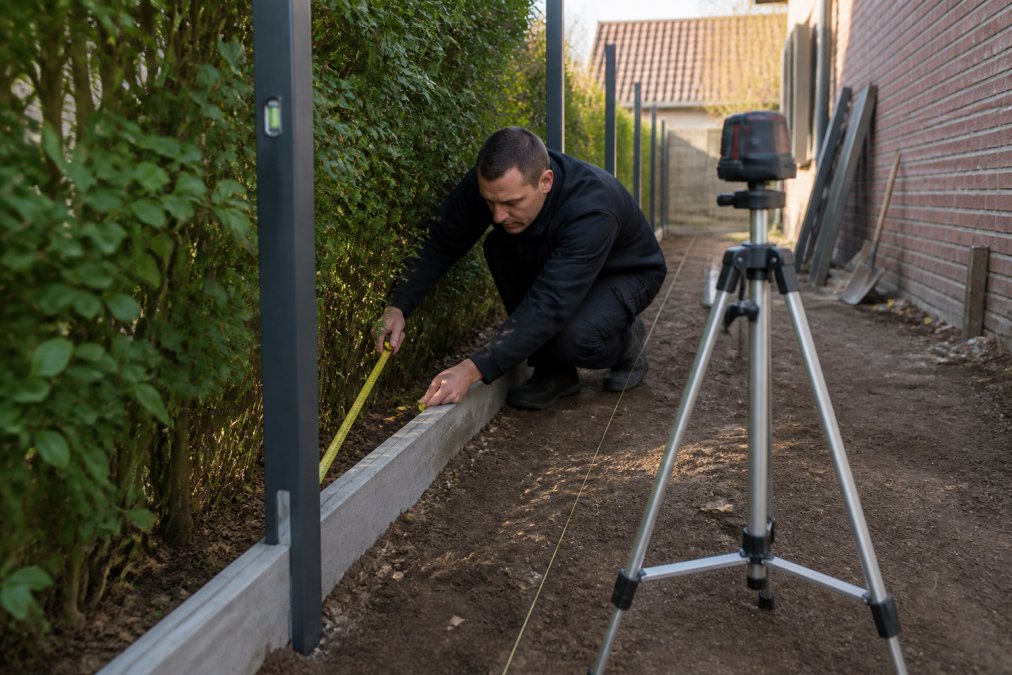 Ervaren vakman voert nauwkeurige meting uit met waterpas en meetlint langs een tuingrens, controleert paalposities met professioneel gereedschap in daglicht
