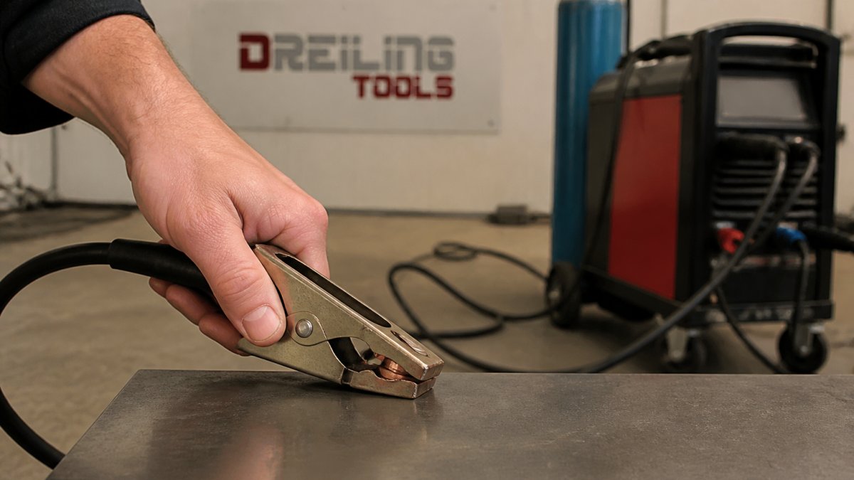 Nahaufnahme einer Hand, die eine Masseklemme an ein sauberes, blankes Metallwerkstück in einer Werkstatt anschließt, Schweißkabel im Hintergrund sichtbar