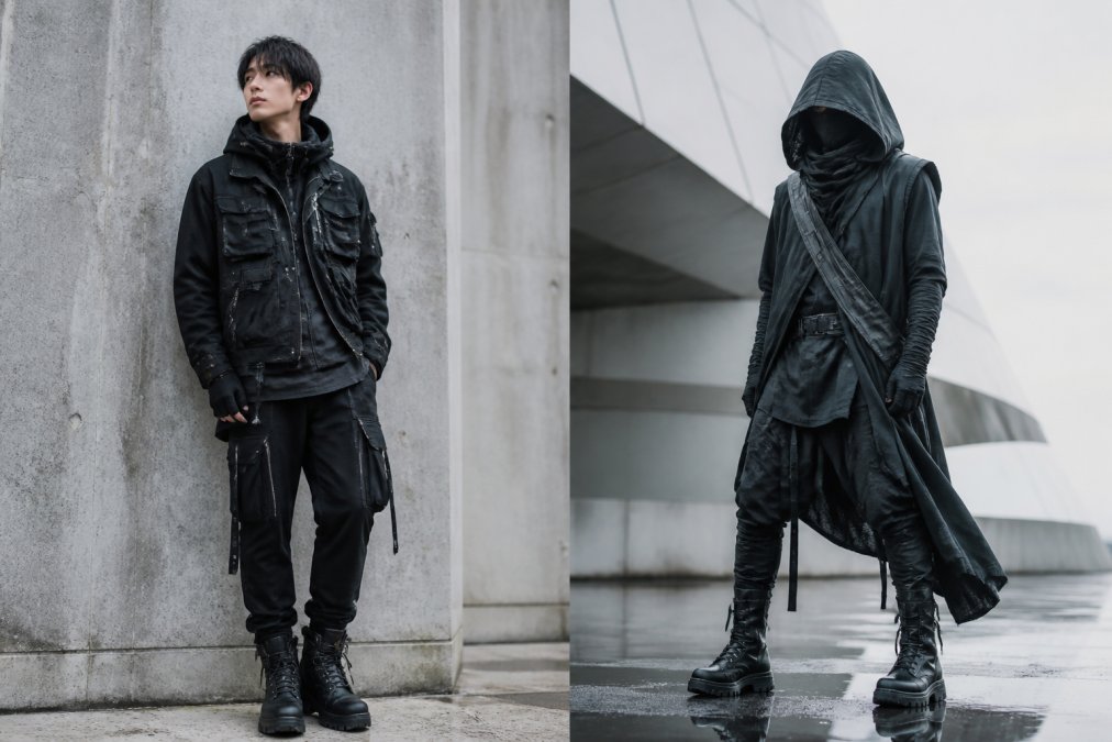 Person wearing layered neomachi outfit with structured black cargo jacket, asymmetrical zippers, industrial metal hardware, and fitted dark pants against a raw concrete urban wall with natural overcast lighting