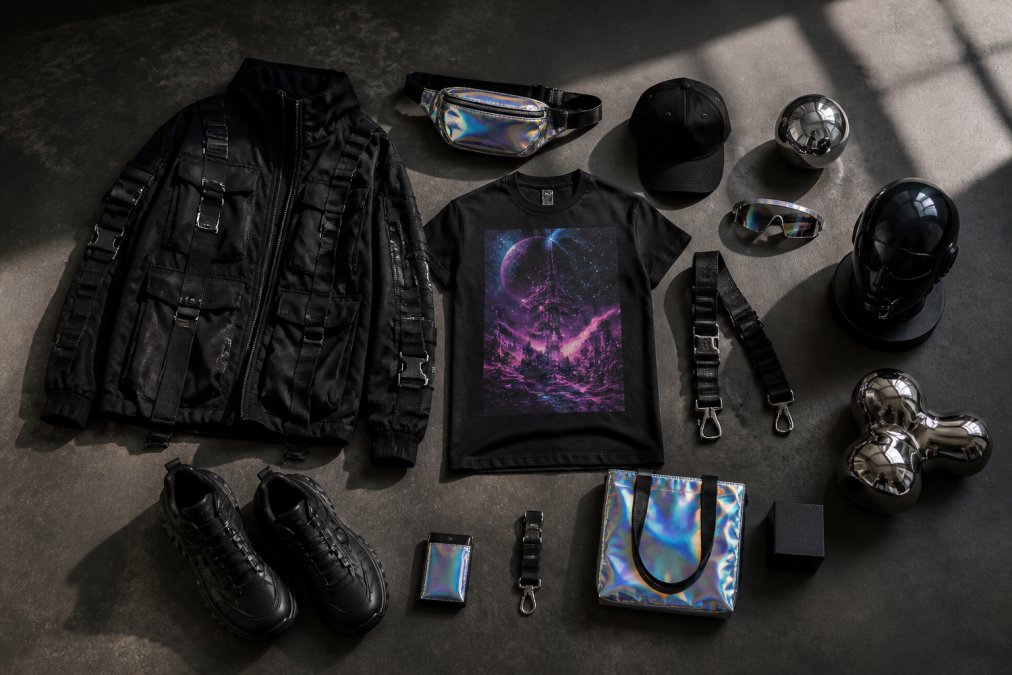 Flat lay of neomachi and sci-fi fantasy pieces side by side: structured black cargo jacket with metal buckles, neon graphic tee, holographic accessories, industrial straps, reflective materials, and futuristic home decor items arranged on a dark concrete surface with dramatic lighting