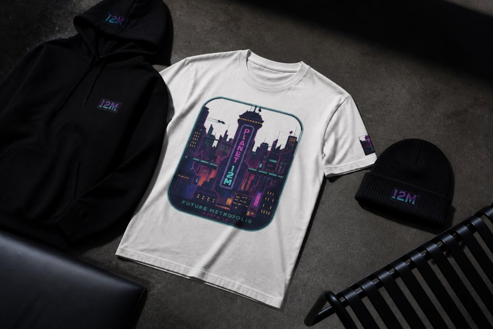 Flat lay of Planet iZM apparel including the Neon Cityscape Graphic Tee, IZM Logo Hoodie, and Embroidered Cuffed Beanie arranged on a dark surface with moody lighting