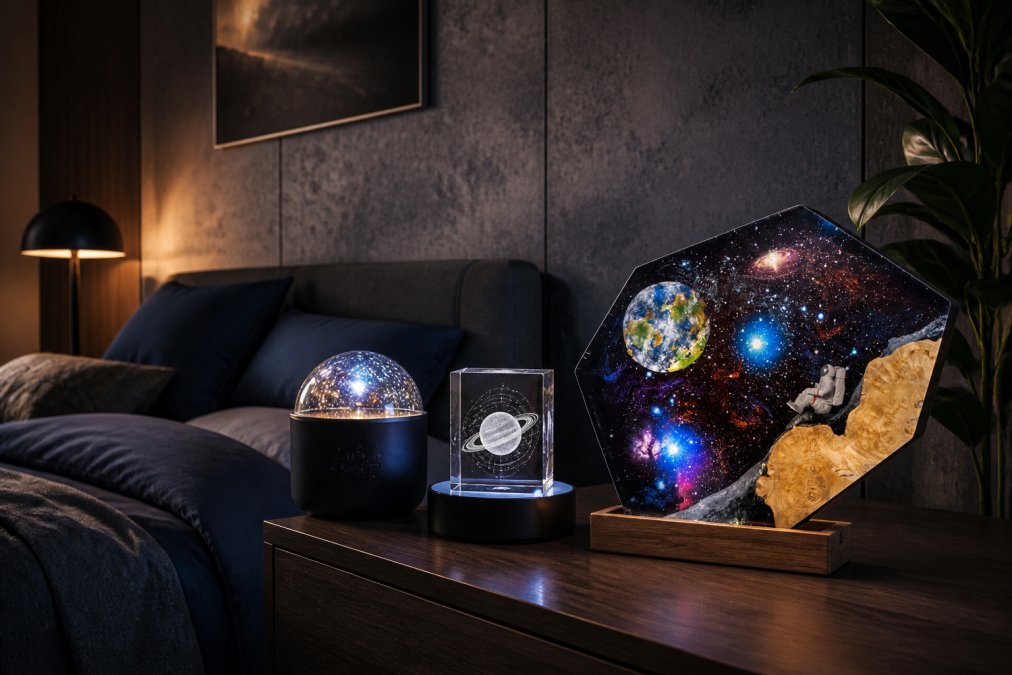 Styled home interior featuring Planet iZM's Galaxy Astronaut Resin LED Night Light, Galaxy Projector Lamp, and 3D Laser Crystal Night Light creating ambient cosmic lighting in a modern bedroom