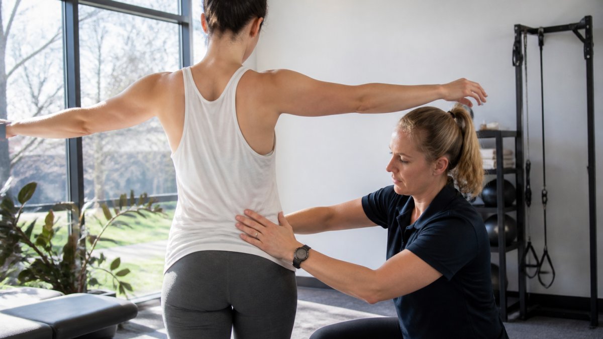 Physical therapist performing detailed movement assessment with patient in modern clinical setting, evaluating posture and range of motion with natural lighting from large windows