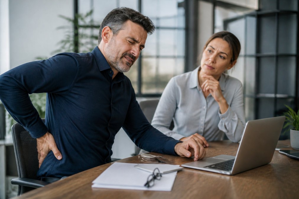 A middle-aged person sitting at a desk, touching their lower back with a pained expression, while a colleague looks on with concern in a bright, modern office