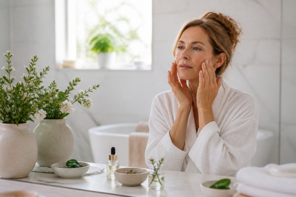 Woman gently massaging science backed botanical ingredients for aging skin into her face in a serene bathroom