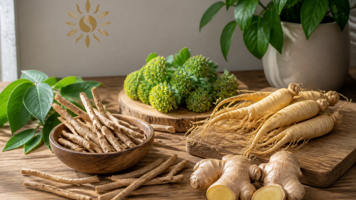 Overhead flat-lay of fresh botanical ingredients including ashwagandha root, rhodiola, ginseng, and ginger arranged on a wooden surface with natural lighting
