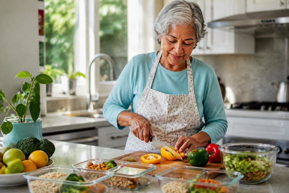 Older adult preparing a colorful meal with fresh vegetables and whole grains in a bright home kitchen, with meal prep containers visible on the counter
