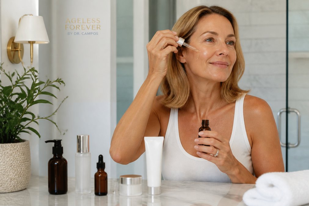 Woman in her fifties applying facial serum in a bright, modern bathroom with skincare products on the counter.