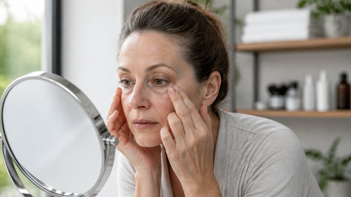 Close-up of a woman in her early 50s examining the under-eye area in a well-lit bathroom mirror, with a small magnifying mirror and neutral expression
