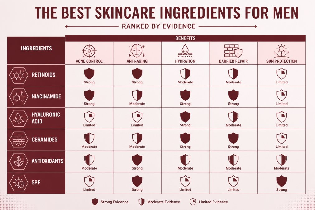 Matrix comparing six skincare ingredients (retinoids, niacinamide, hyaluronic acid, ceramides, antioxidants, SPF) against five benefits (acne control, anti-aging, hydration, barrier repair, sun protection), with evidence strength rated strong, moderate, or limited for each pairing