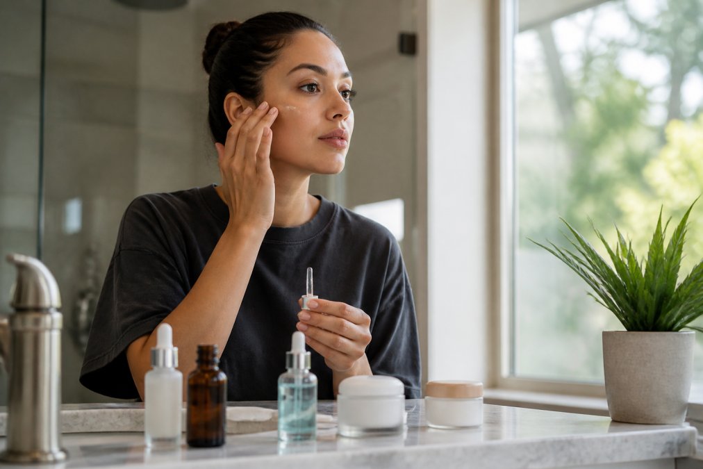 Young adult applying serum to face with visible skincare products including retinol, peptides, and hyaluronic acid arranged on bathroom counter with natural window lighting