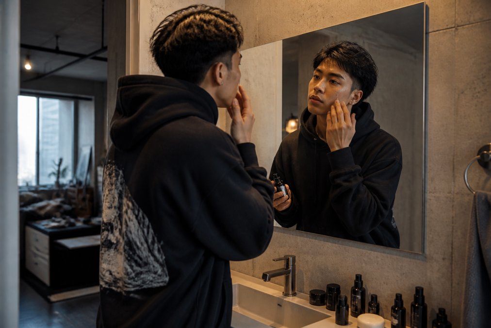 A young man in an oversized graphic hoodie and cargo pants applying a serum in front of a bathroom mirror in a minimal urban apartment with concrete walls and warm, low-key moody lighting
