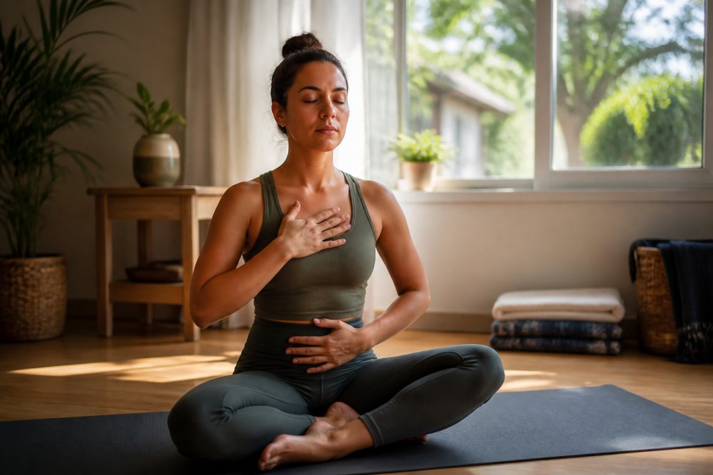 A person sitting cross-legged on a yoga mat near a sunlit window, eyes closed, one hand resting on their chest and one on their abdomen, practicing deep diaphragmatic breathing in a calm home setting