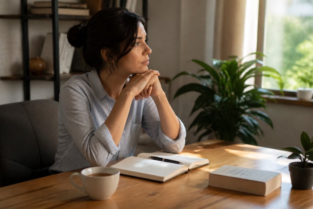 A professional at a tidy desk with a small notebook open, a cup of tea beside them, and a paperback book nearby, pausing thoughtfully mid-morning in a quiet, organized home office with warm natural light coming through a window