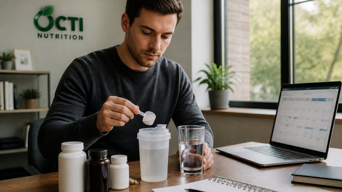 Busy professional at desk with morning routine setup showing supplement bottles, glass of water, energy drink powder, and laptop with calendar visible in background, natural morning light