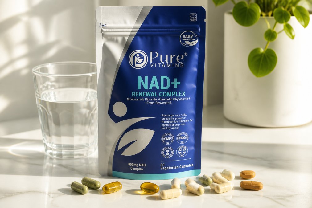 Close-up of various supplement capsules and tablets in different colours and sizes arranged on a white surface with a glass of water and natural morning light streaming across, showing the physical forms of different supplement types